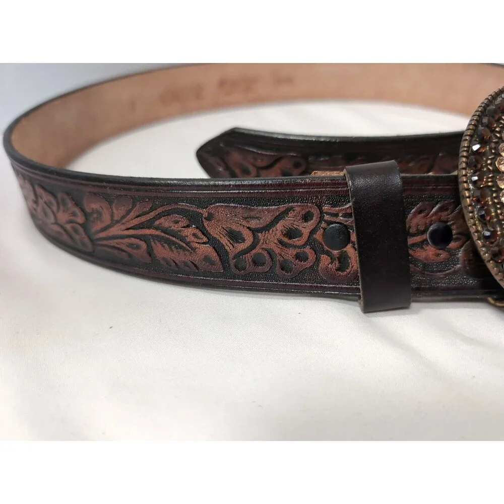 Cache BELT BROWN GENUINE LEATHER STUDDED MEDALLION BUCKLE WOMEN'S SZ SMALL 28-30